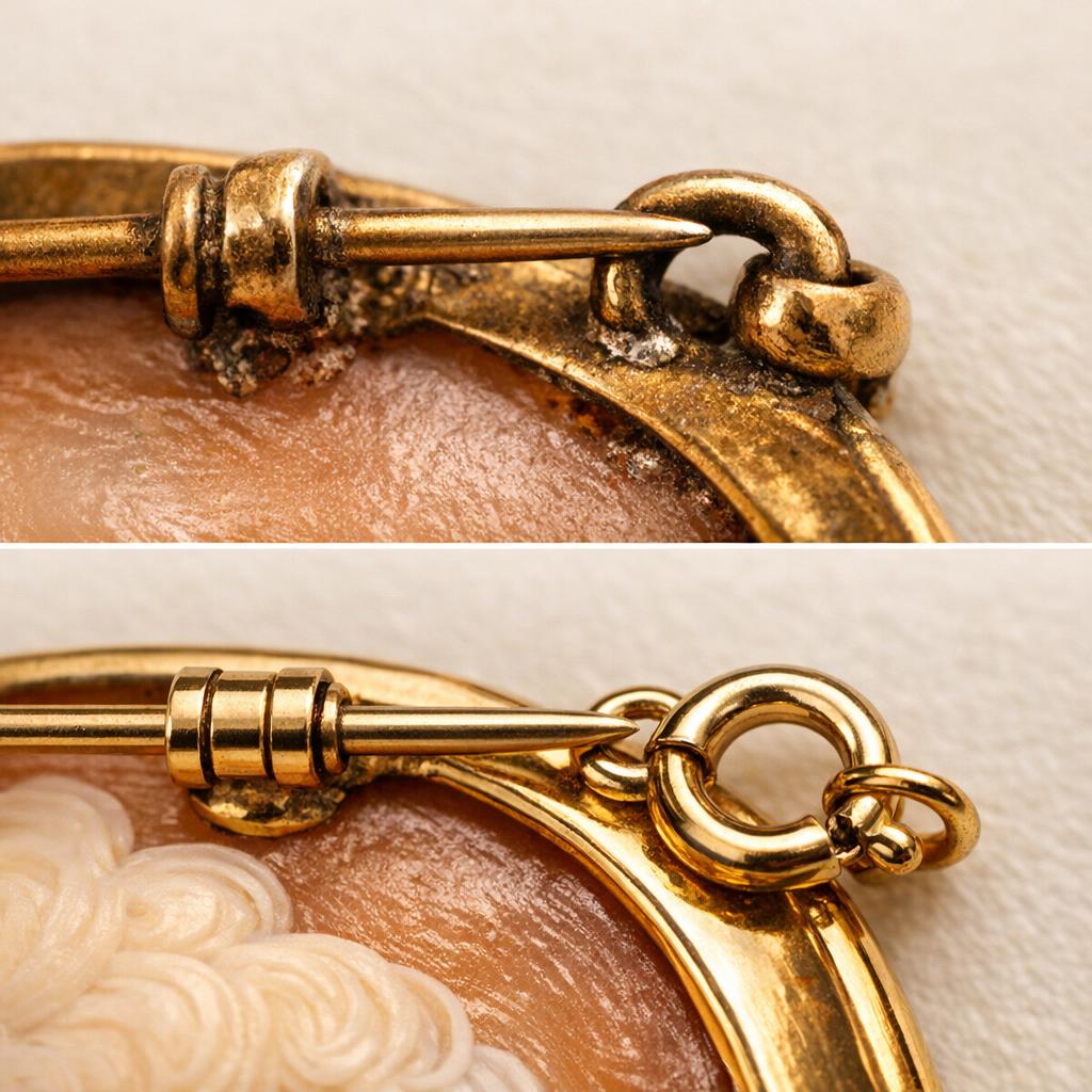 Close-up of a vintage cameo pin showing period-consistent C-clasp and hand-soldered hinge findings next to a modern cameo with a stamped spring-ring clasp