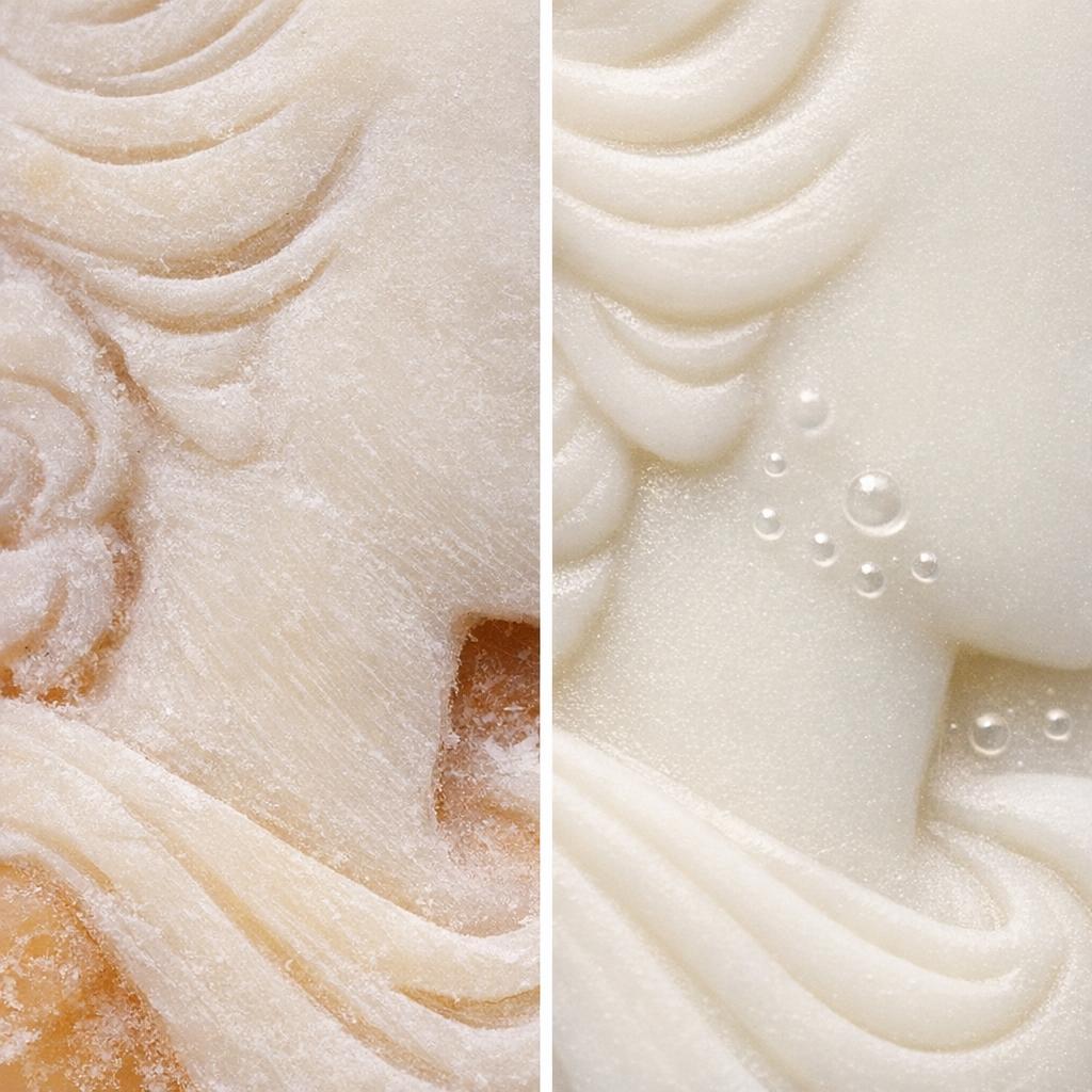 Split comparison under 10× magnification showing irregular hand-carving tool marks on a shell cameo left versus the smooth uniform molded surface of a resin cameo right