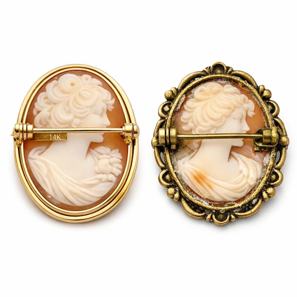 Side by side comparison of a cameo set in 14k gold with visible hallmarks versus a cameo in a base-metal setting with visible glue residue around the bezel edge