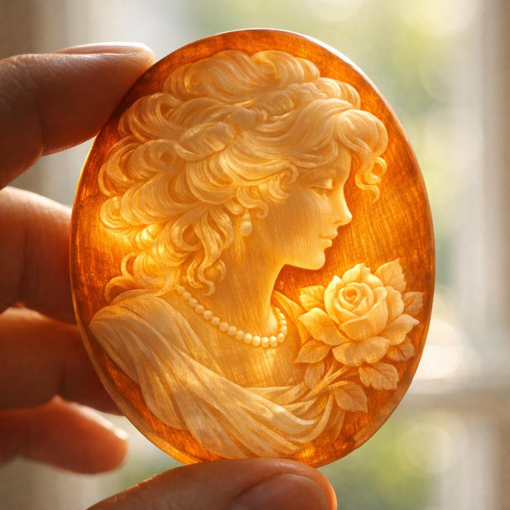 A shell cameo held up to a bright light source showing warm amber translucency with visible fibrous shell structure