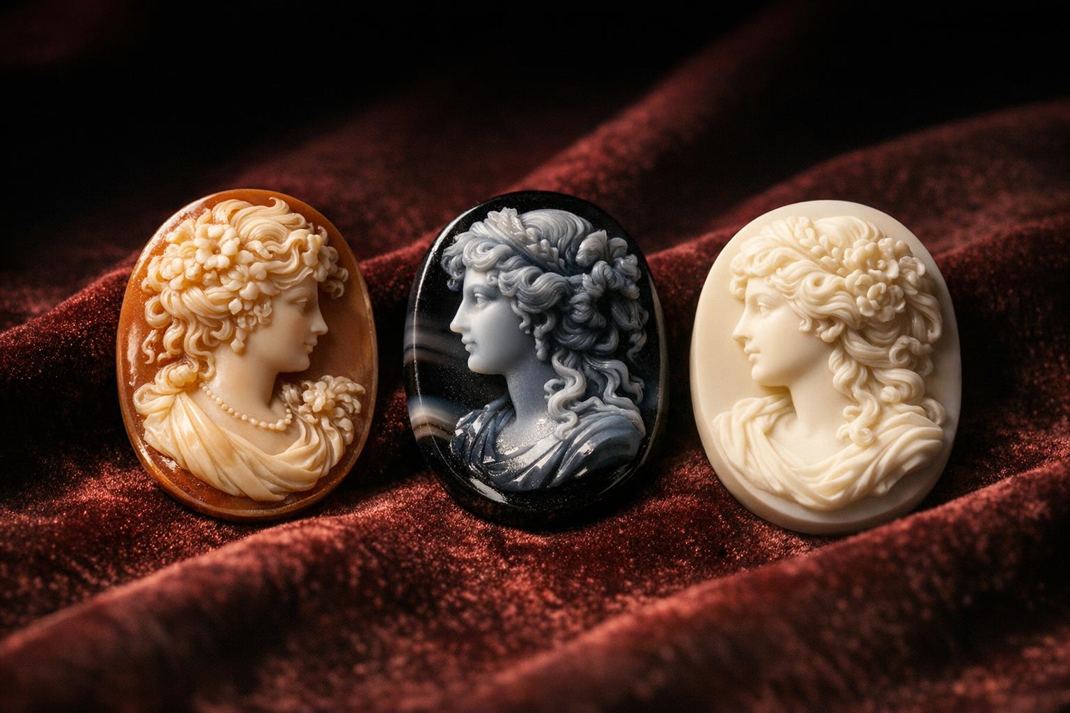 Three cameos — shell, stone, and resin — displayed side by side under raking light on a warm velvet surface, showing differences in carving depth and material texture