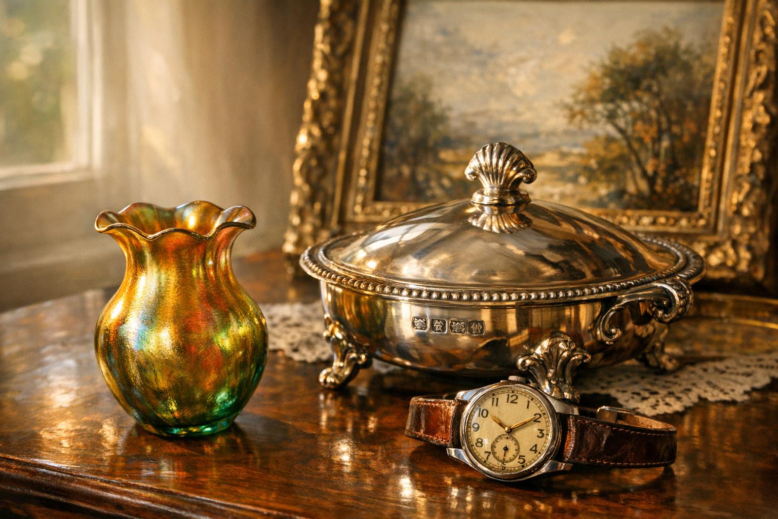 Estate sale finds reference with category, maker marks, photos, dimensions, condition, provenance, and sale purpose