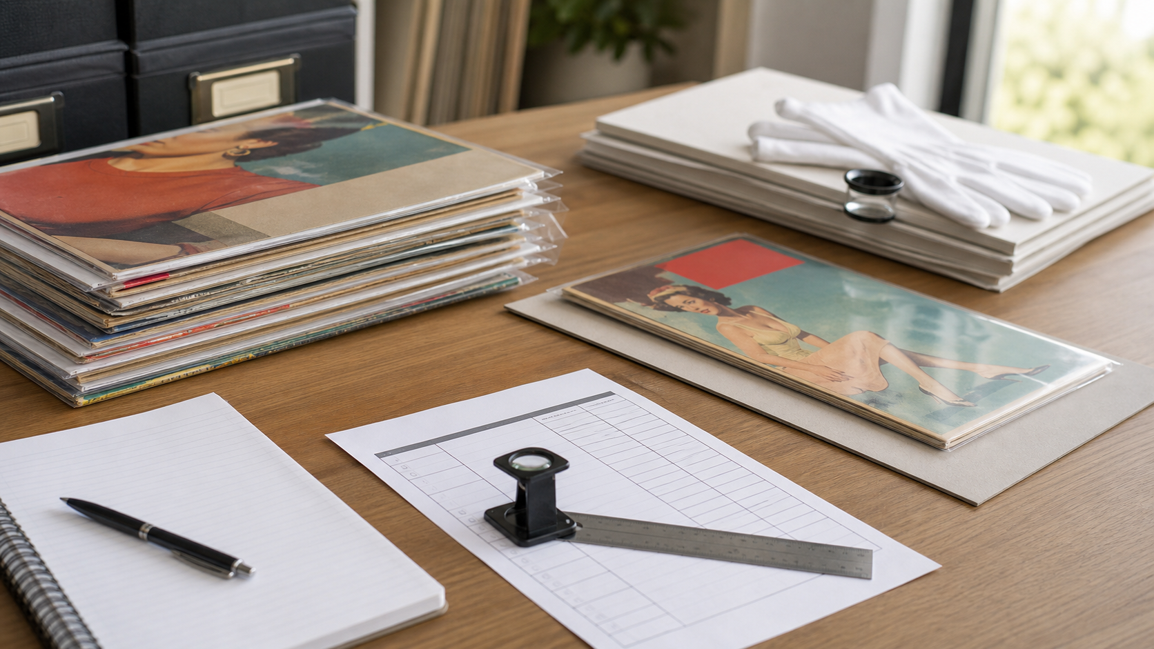 Vintage magazine appraisal setup with archival sleeves and condition notes