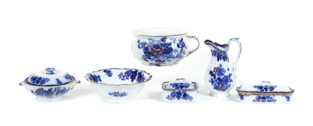 Auction comp thumbnail for Ridgway and Morley six-piece flow blue ironstone washstand set