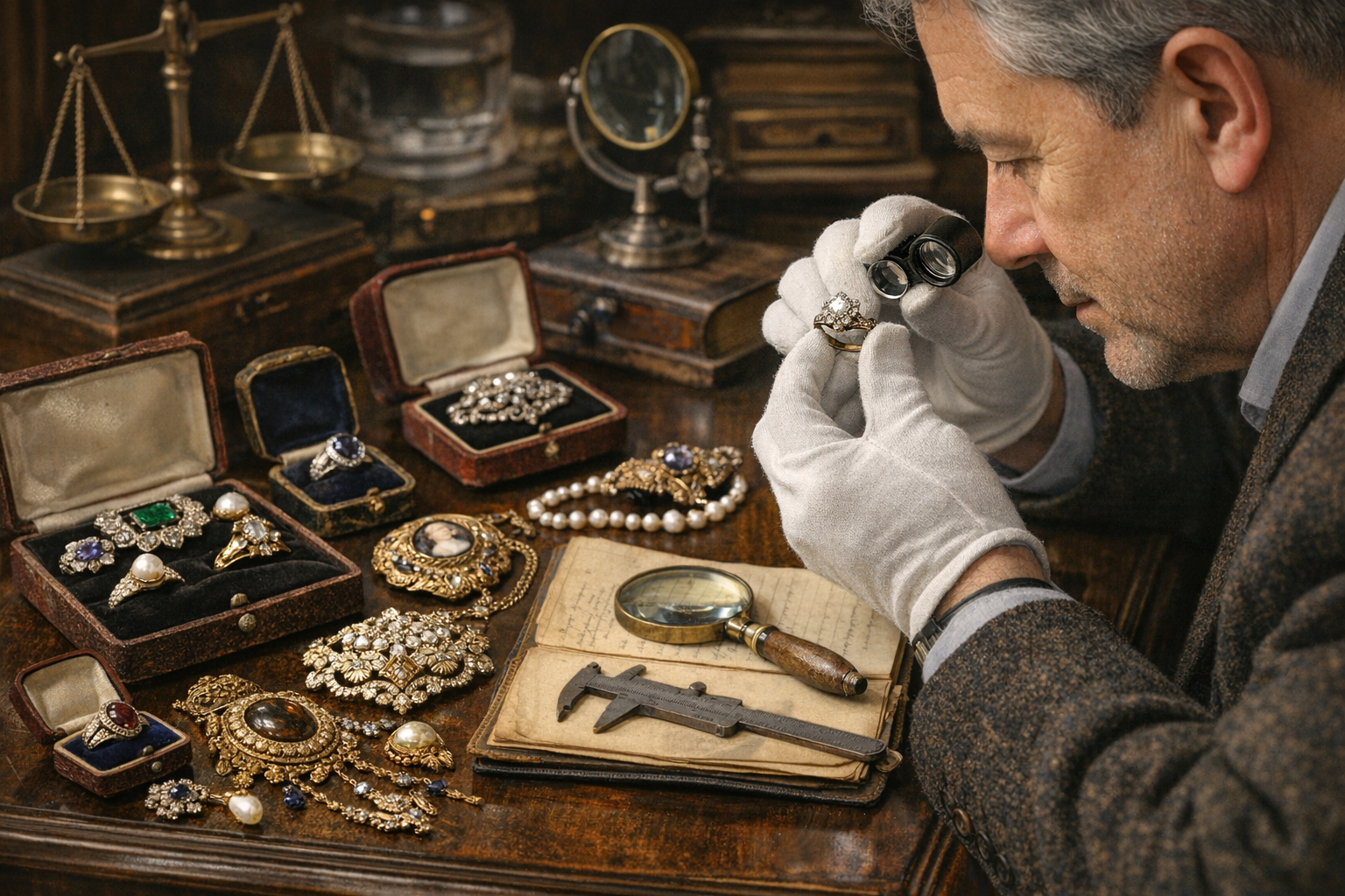 Jewelry appraisal worktable with estate jewelry and documentation