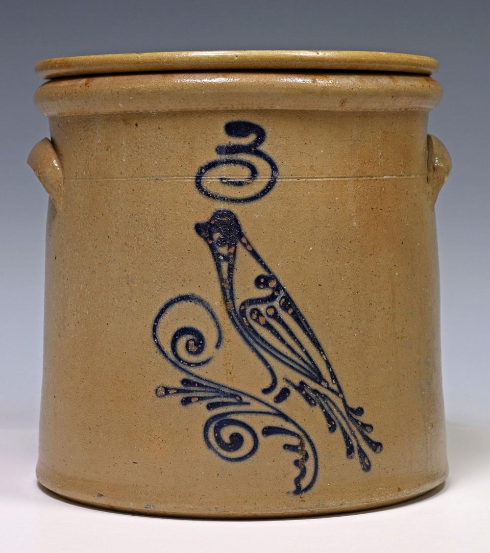 Auction comp thumbnail for salt-glazed stoneware cobalt bird three-gallon crock
