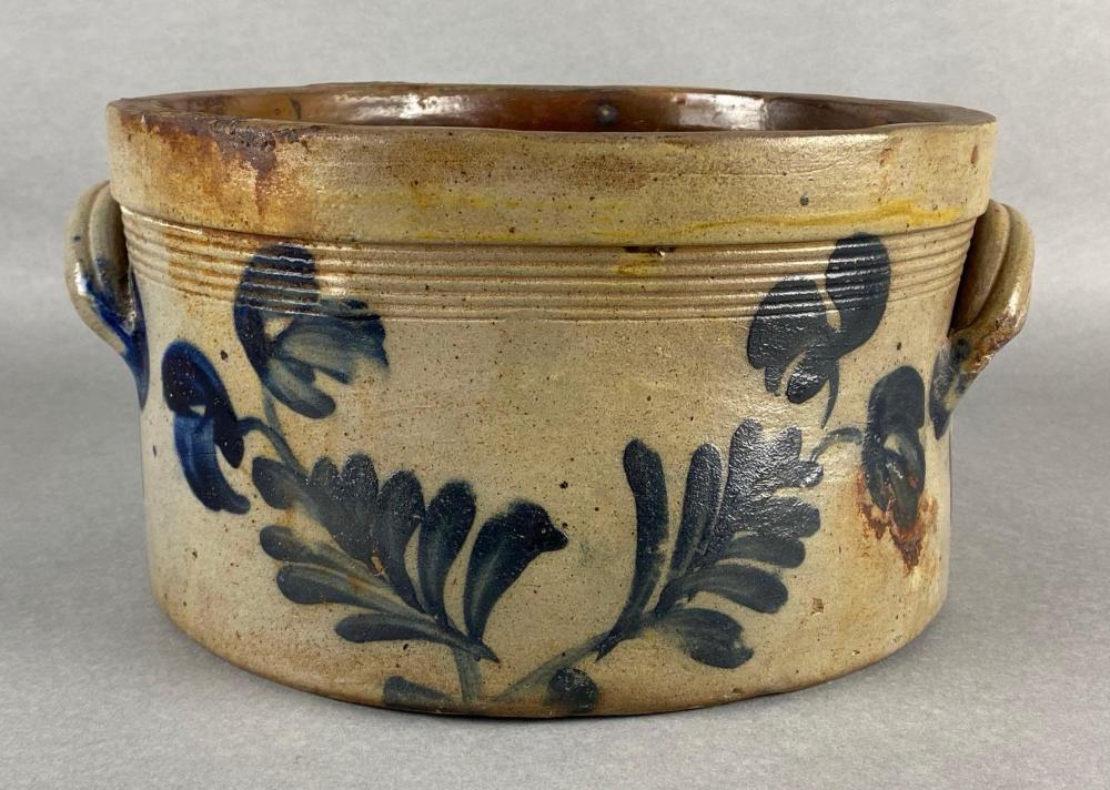 Auction comp thumbnail for antique salt-glazed blue floral stoneware crock