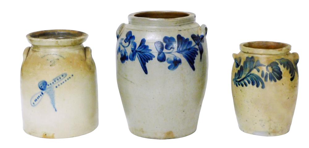 Auction comp thumbnail for three salt-glazed stoneware crocks with cobalt decoration