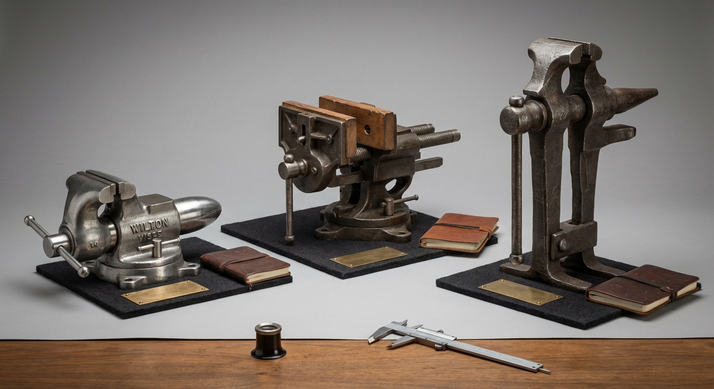 Antique bench vise with maker marks, jaw width, screw, slide, and patina identification clues