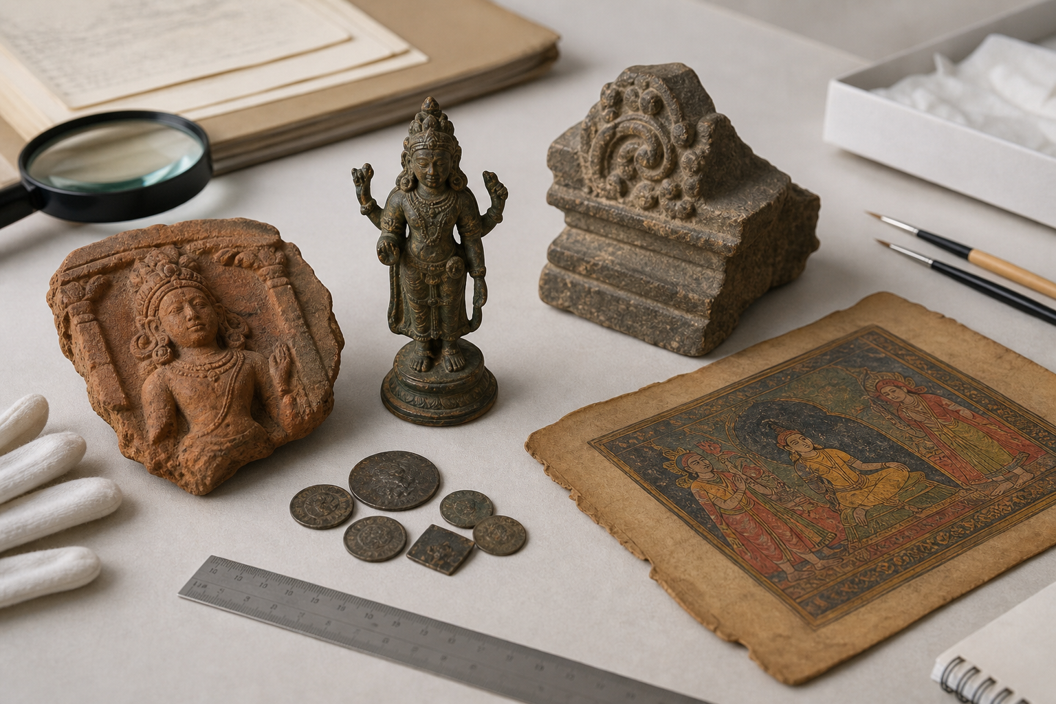 Indian antiquities appraisal reference with provenance documents, coins, terracotta, bronze, stone, and miniature painting examples