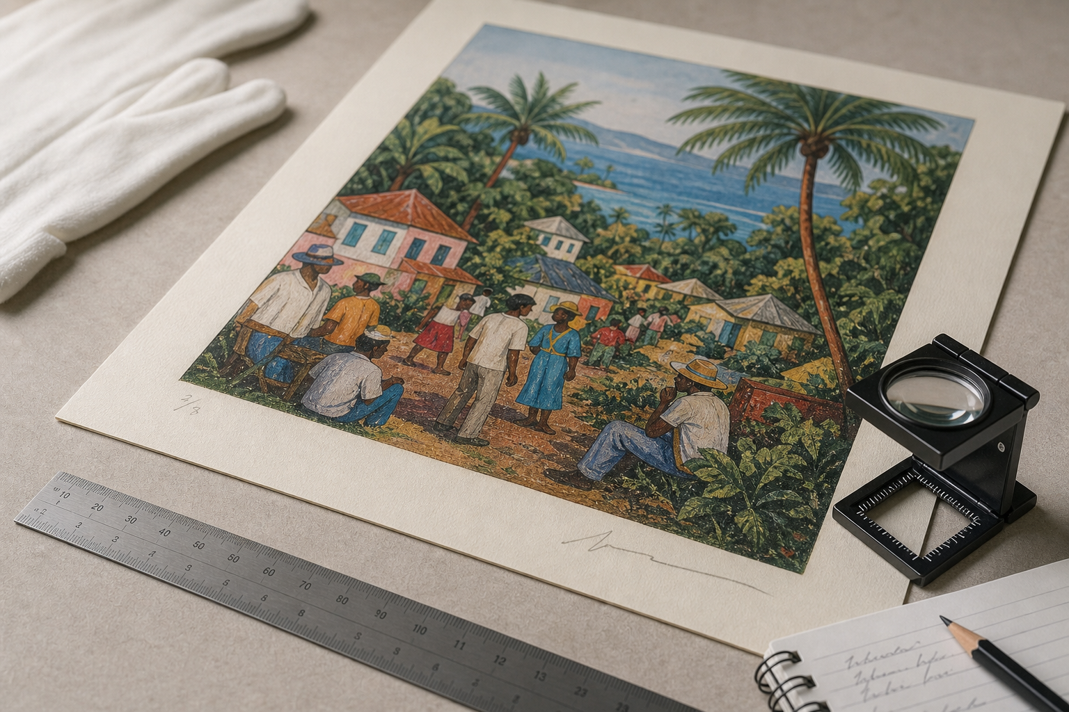 Fine art print appraisal reference with edition marks, paper margins, loupe, gloves, and ruler
