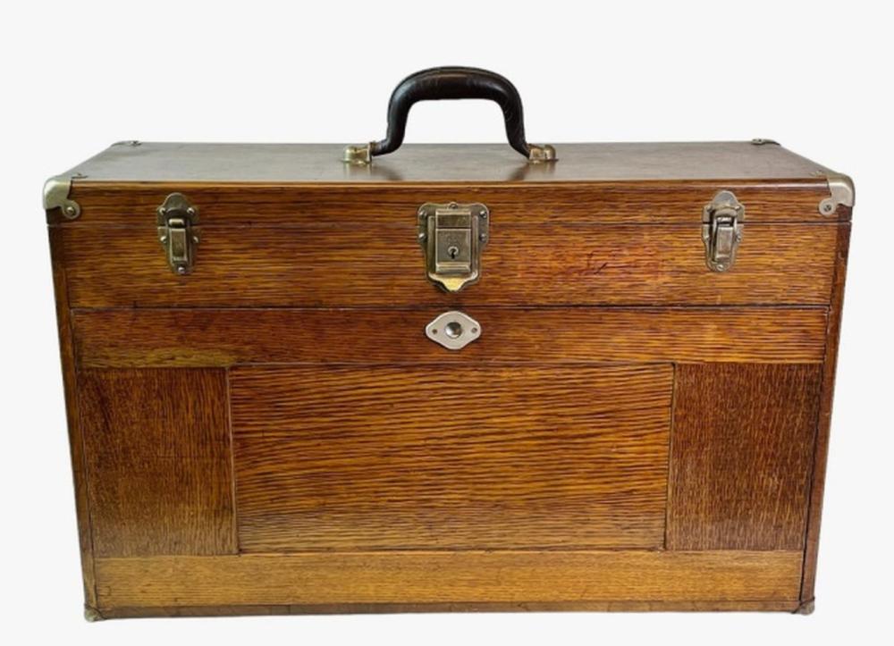 Auction comp thumbnail for antique machinists tool chest and watchmaking tools