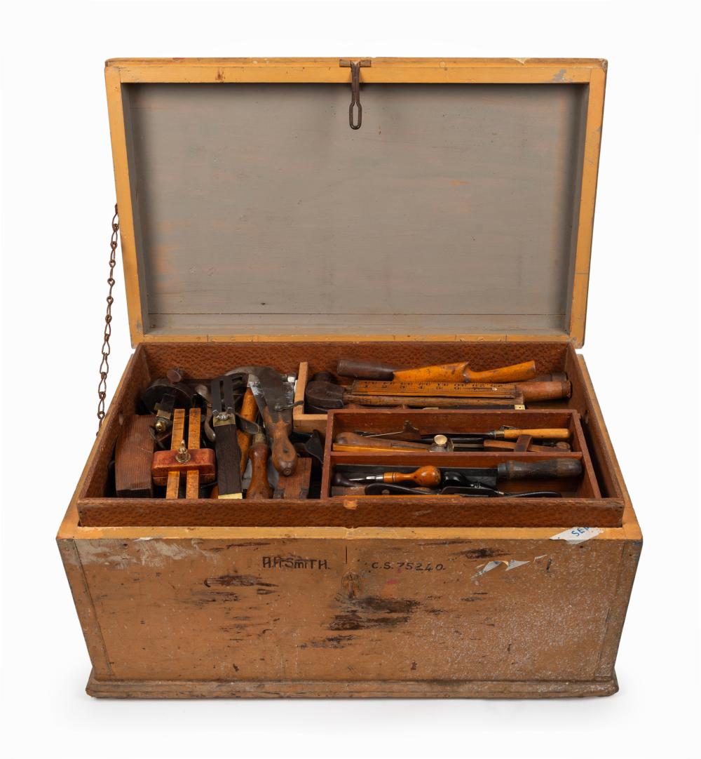 Auction comp thumbnail for antique cabinet maker hand tools in a tool trunk