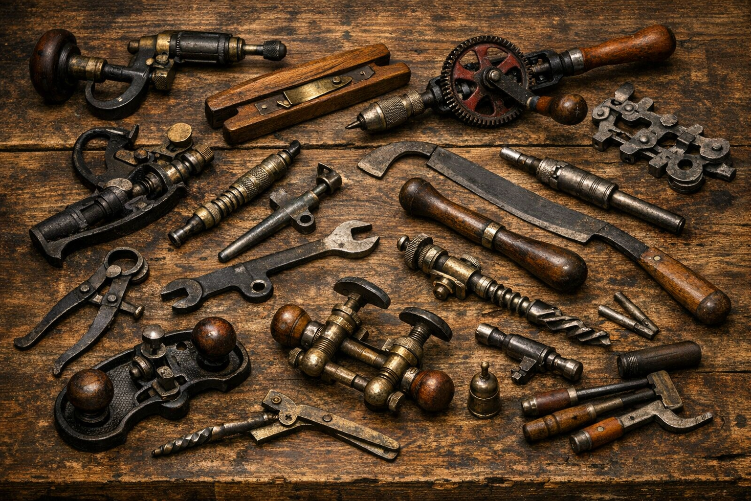 Antique hand tools arranged for maker mark, material, patina, and construction inspection