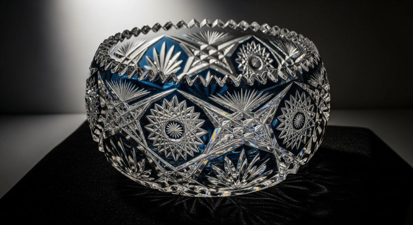 Antique cut glass bowl showing hobstar, fan, crosshatch, and sawtooth rim pattern details