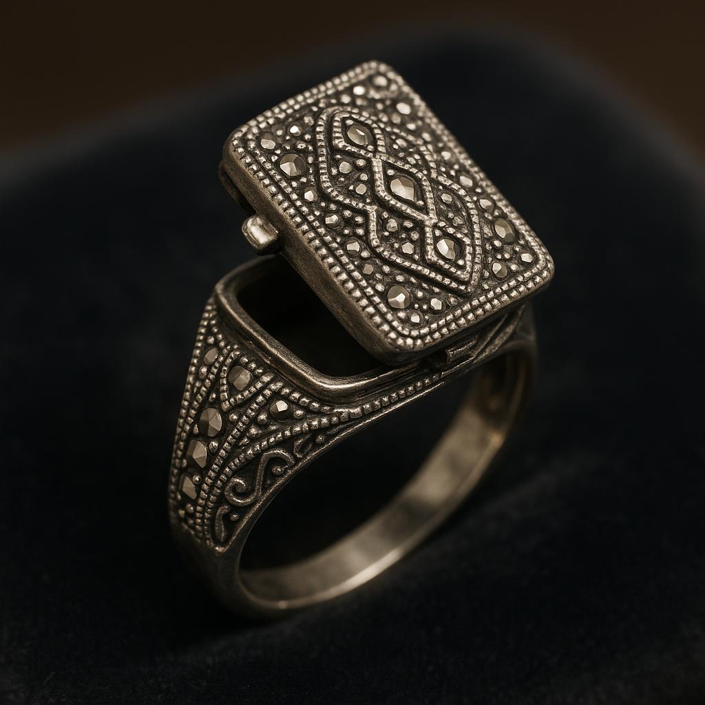 Silver marcasite poison ring reference with horse head mark, metal, stones, hinged compartment, condition, and provenance