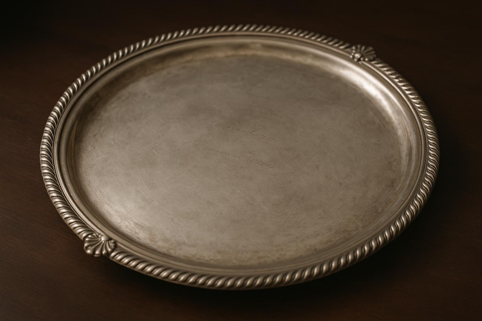 Sterling silver commemorative tray reference with hallmarks, date letter, weight, engraving, dimensions, and condition