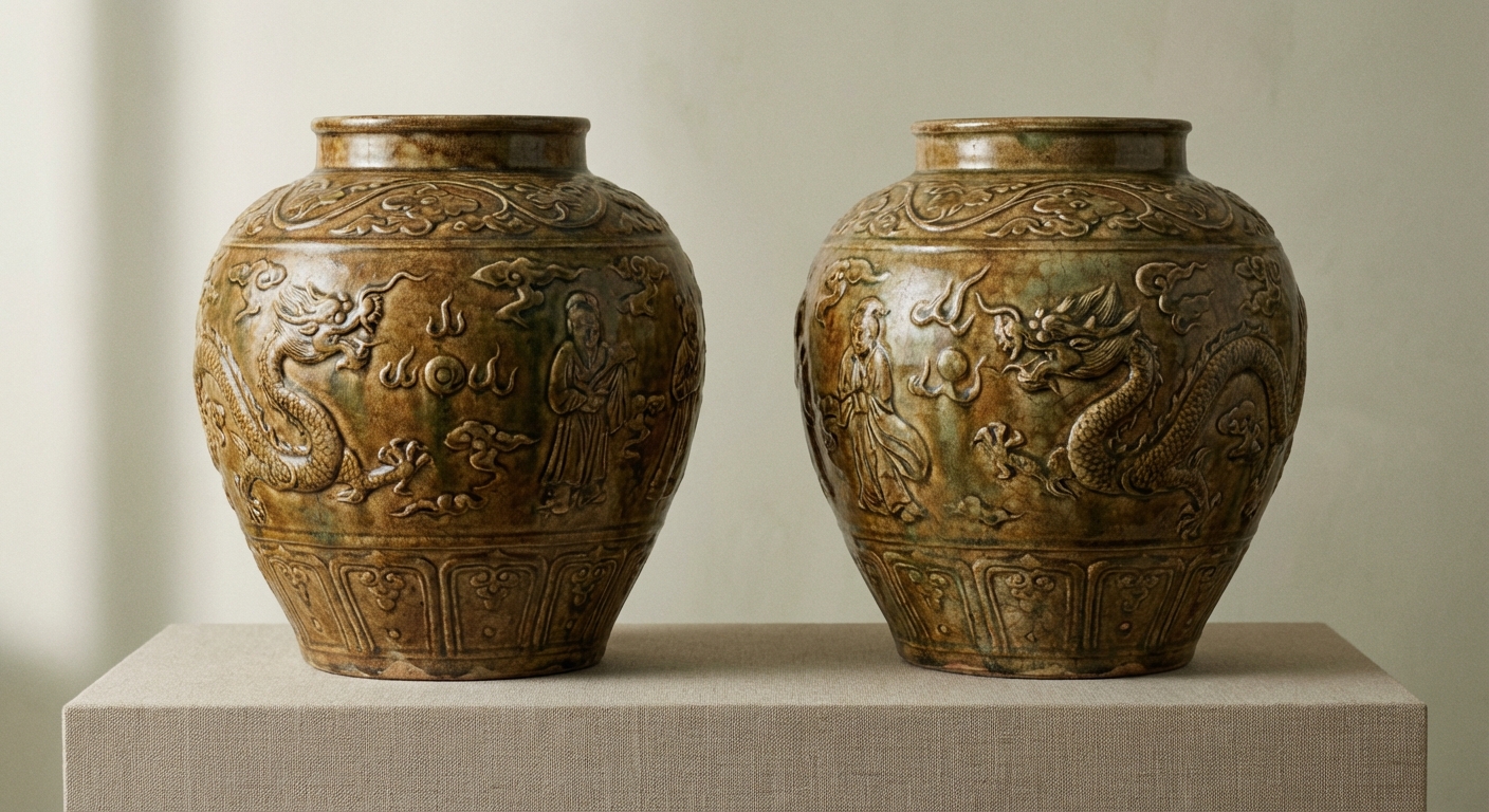 Yuan dynasty ceramic pair reference with form, glaze, foot rim, decoration, dimensions, condition, and documentation