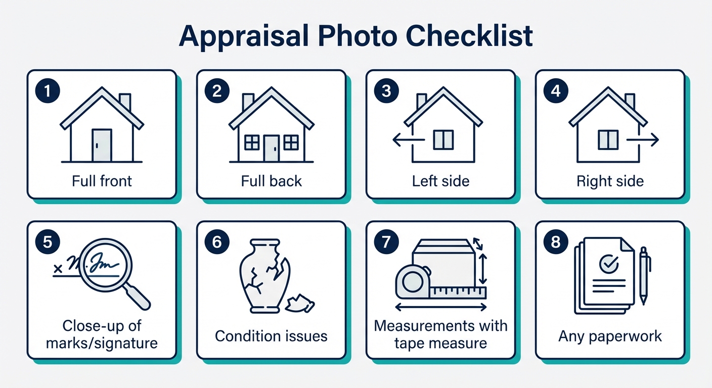 Online appraisal photo checklist reference with file size, views, measurements, condition details, and transfer options