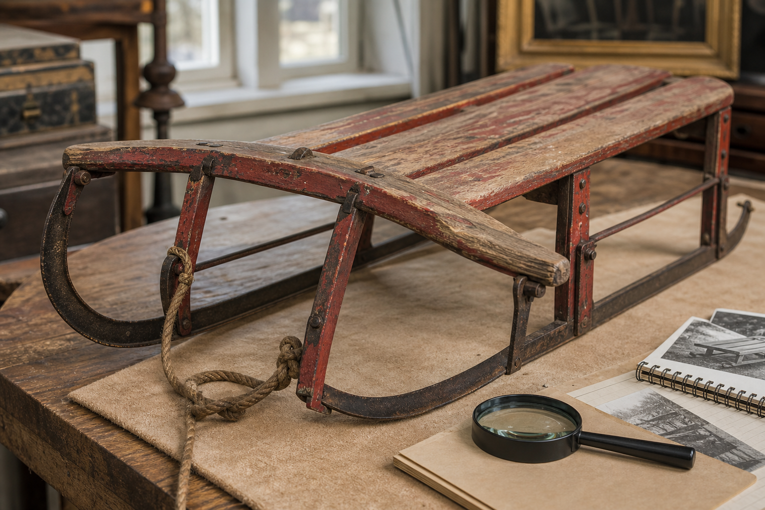 Antique wooden runner sled appraisal setup showing aged paint, metal runners, and maker mark area