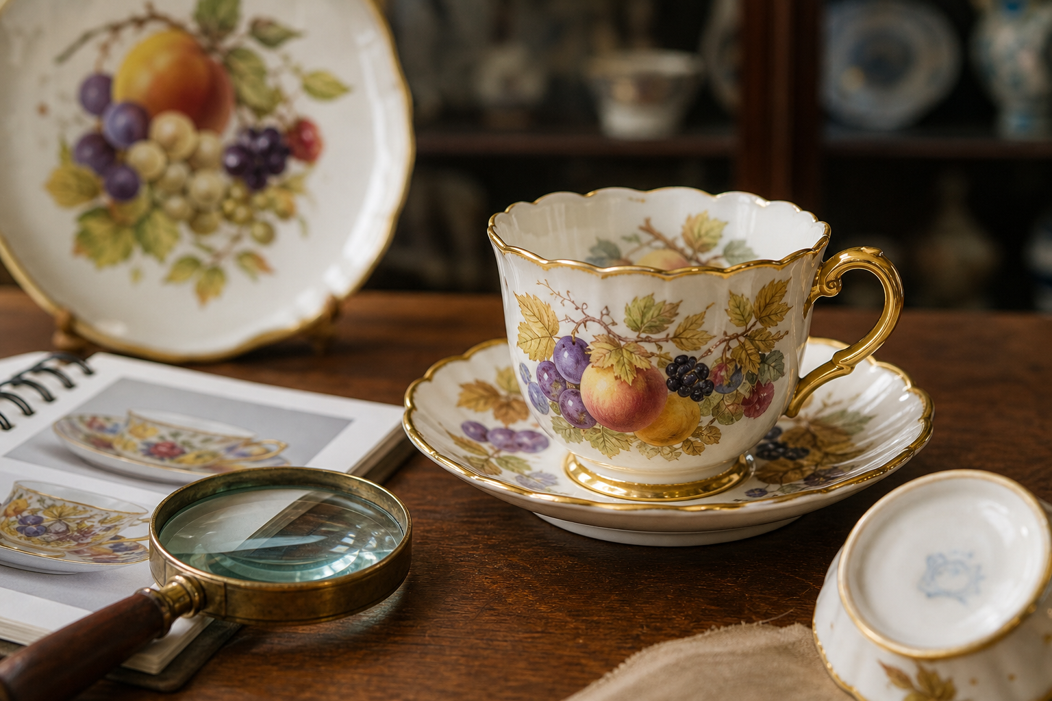 Aynsley Orchard Gold bone china appraisal setup showing fruit painting, gilding, backstamp area, and magnifier
