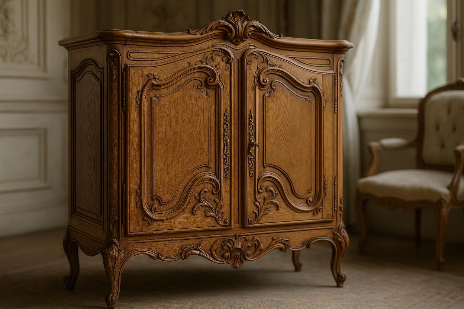 19th-century French Rococo Revival cabinet reference with wood, carving, hardware, construction, condition, and provenance