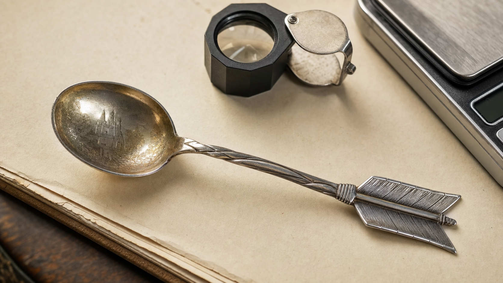 George W. Shiebler arrow-handle sterling souvenir spoon with hallmark and bowl detail