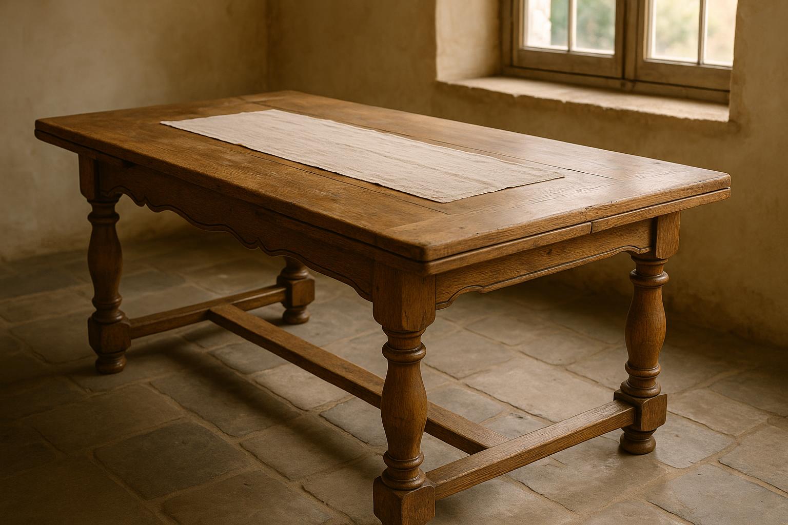 19th-century French oak draw-leaf table reference with wood, joinery, draw-leaf mechanism, wear, dimensions, and condition