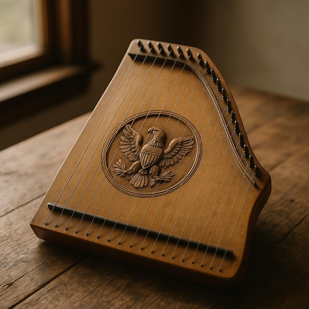 20th-century lap harp reference with maker clues, soundboard, strings, bridge, case, condition, and provenance