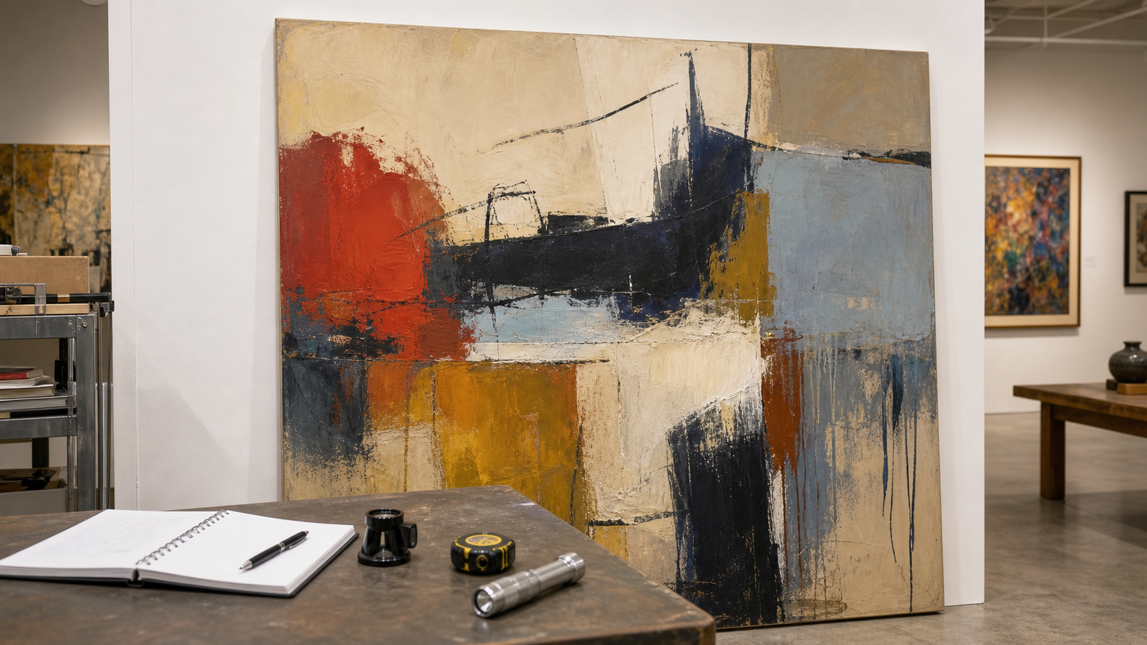 Large 20th-century abstract painting documented for appraisal with notebook, tape measure, loupe, and inspection light