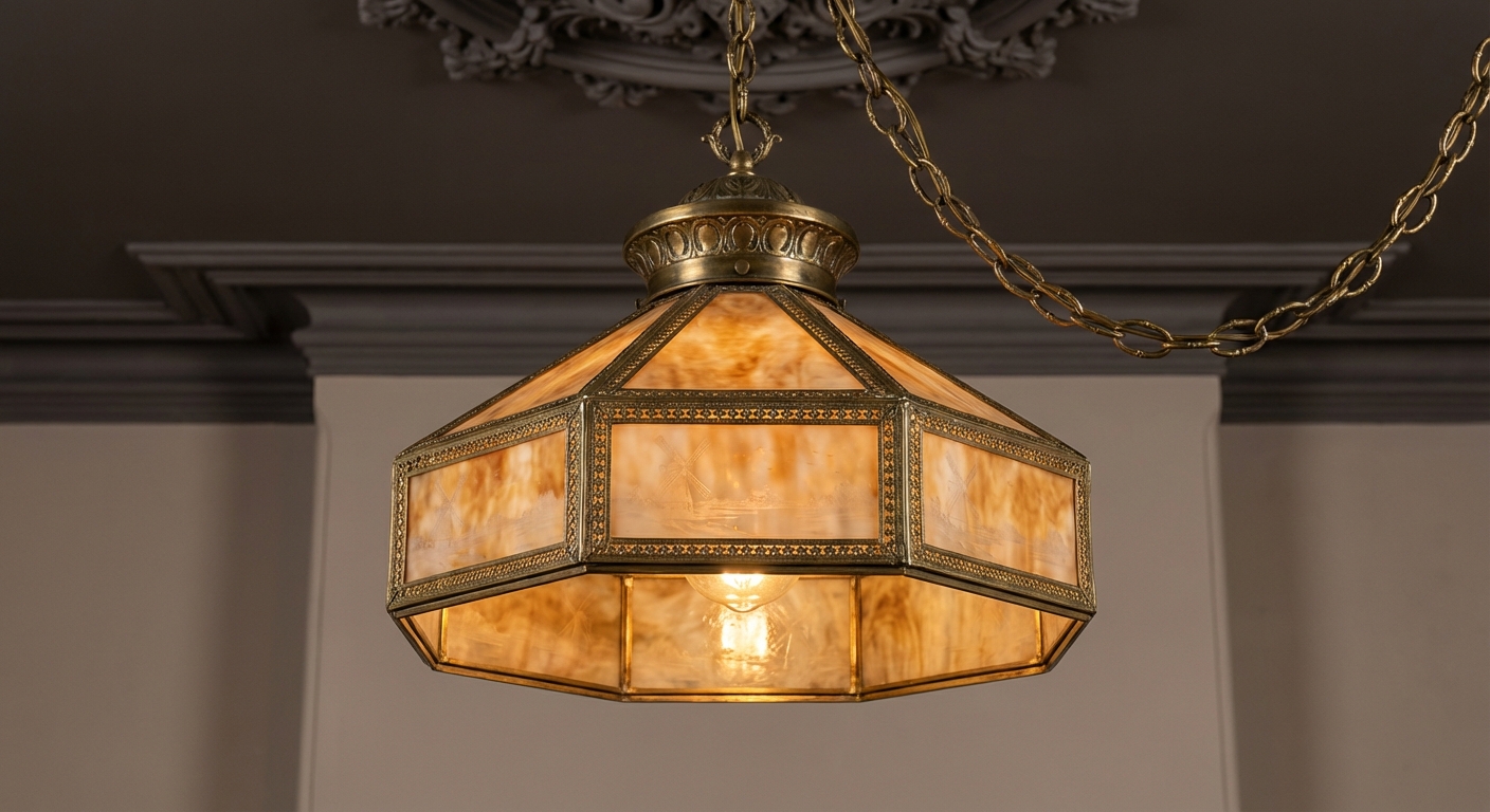 Windmill caramel slag glass hanging lamp reference with shade panels, frame, wiring, motif, condition, and age clues