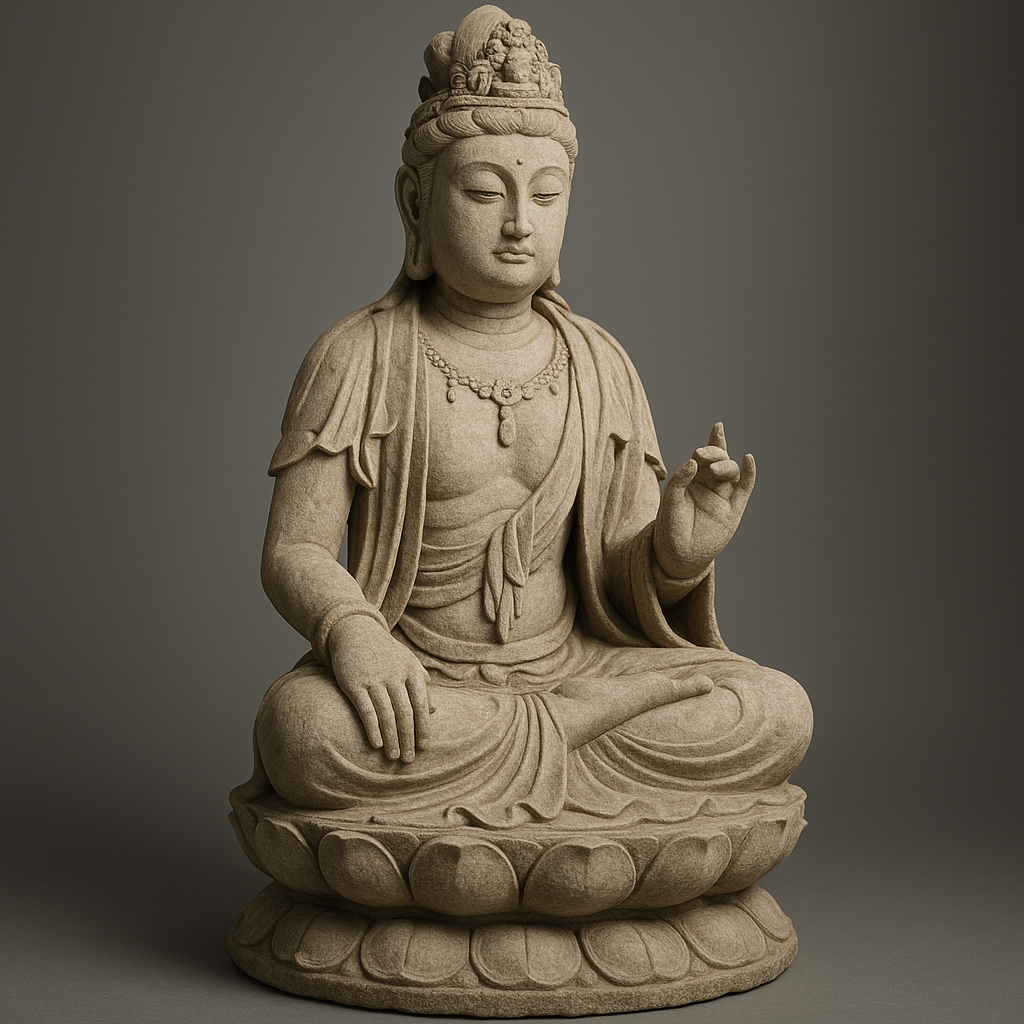 19th-century limestone Guanyin figure reference with stone, carving detail, surface, base, condition, and provenance