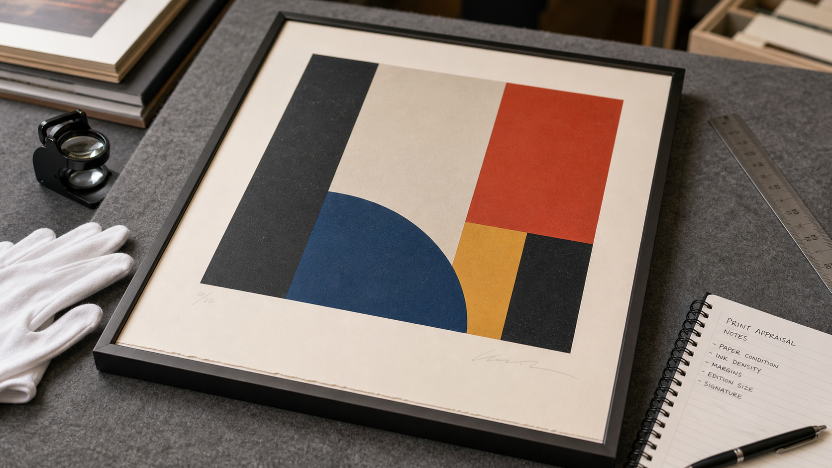 Limited-edition modernist print documented for appraisal with margin, edition area, loupe, gloves, and ruler