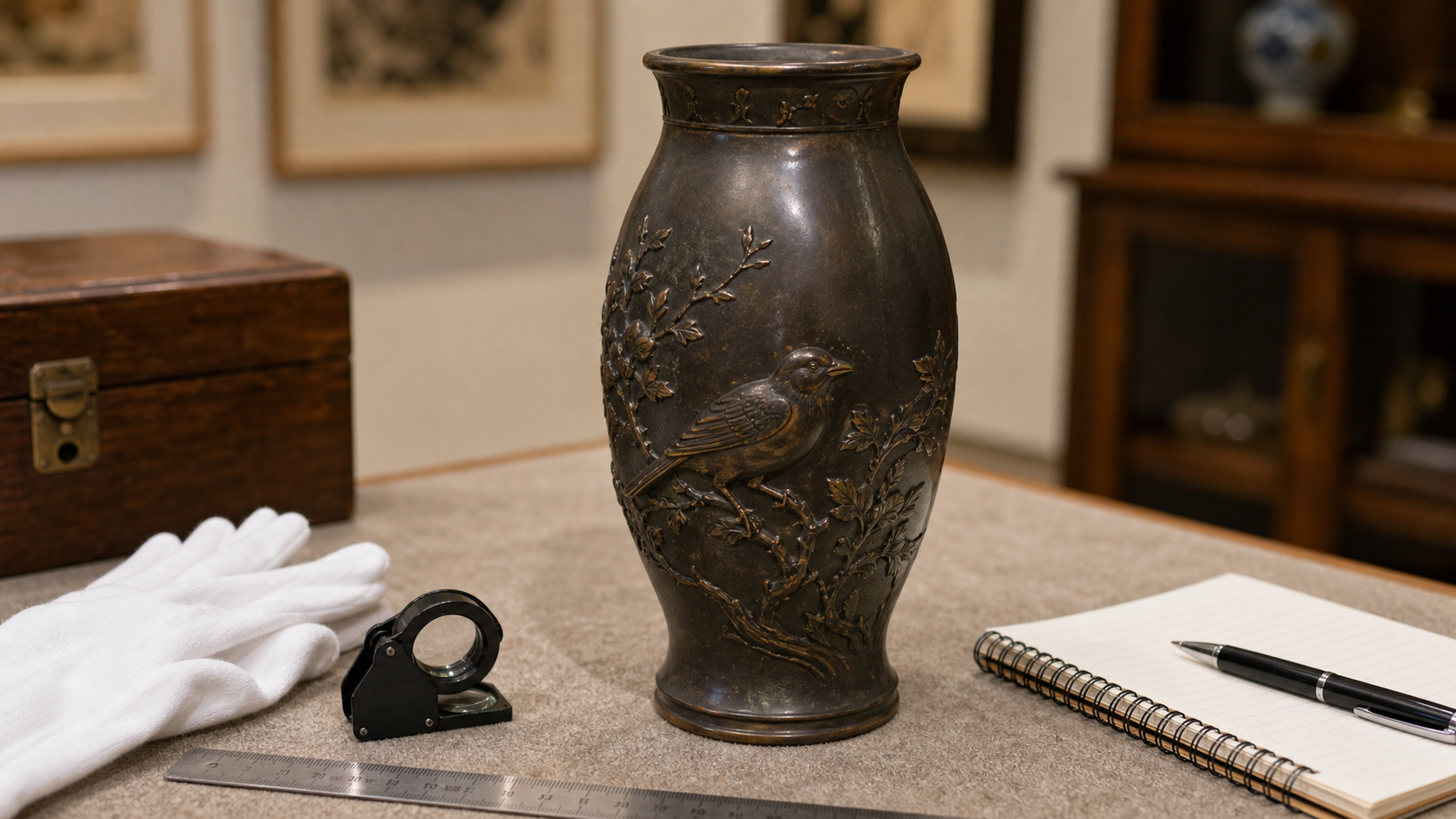 Meiji Japanese bronze vase prepared for signature, patina, and condition review