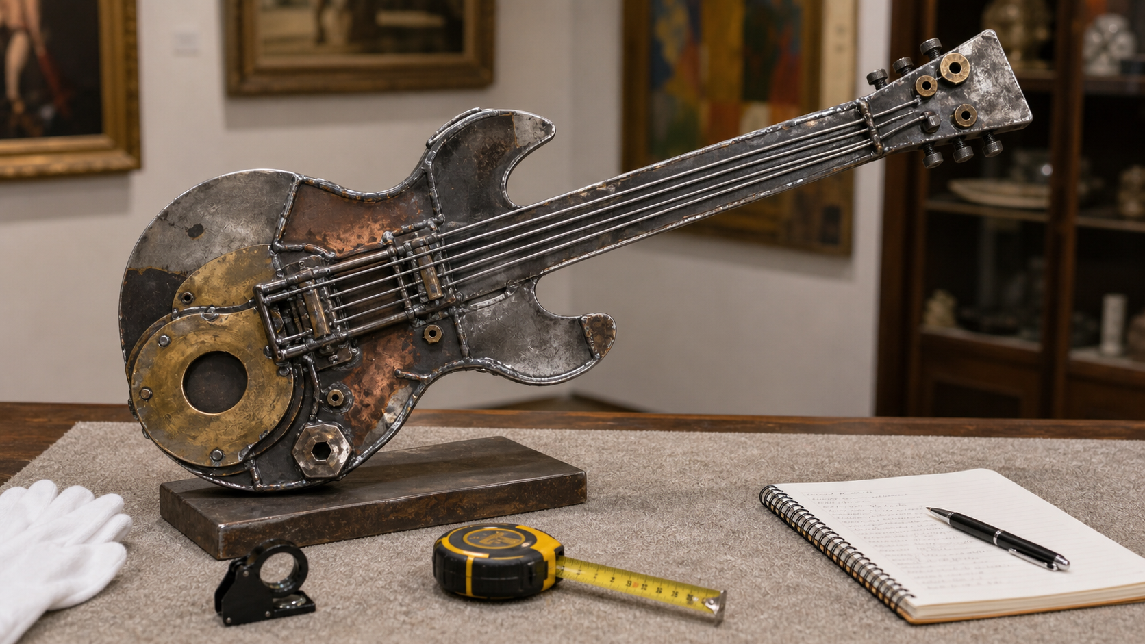 Custom metallic guitar sculpture arranged for appraisal review