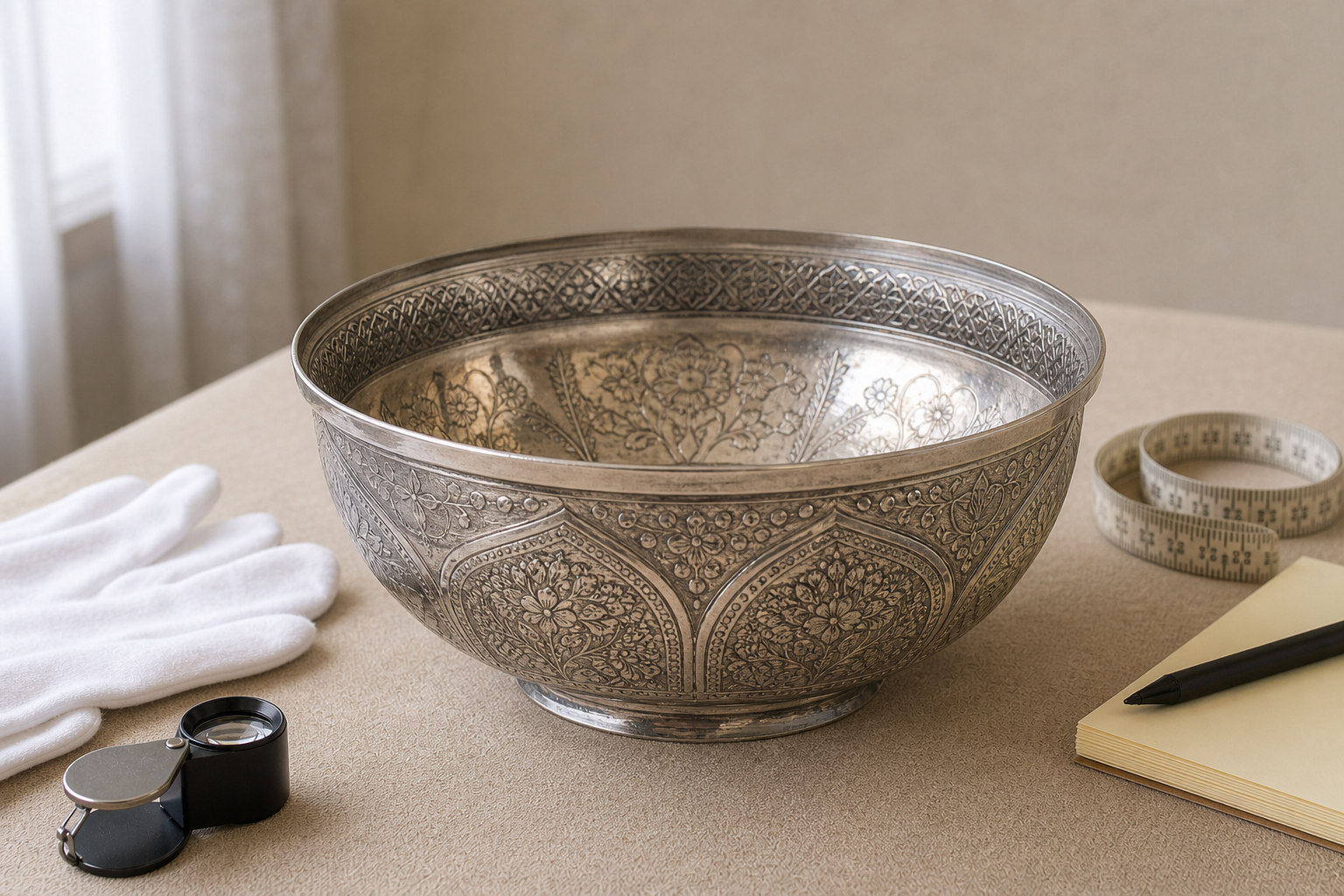 Middle Eastern antique silver bowl prepared for mark and condition review