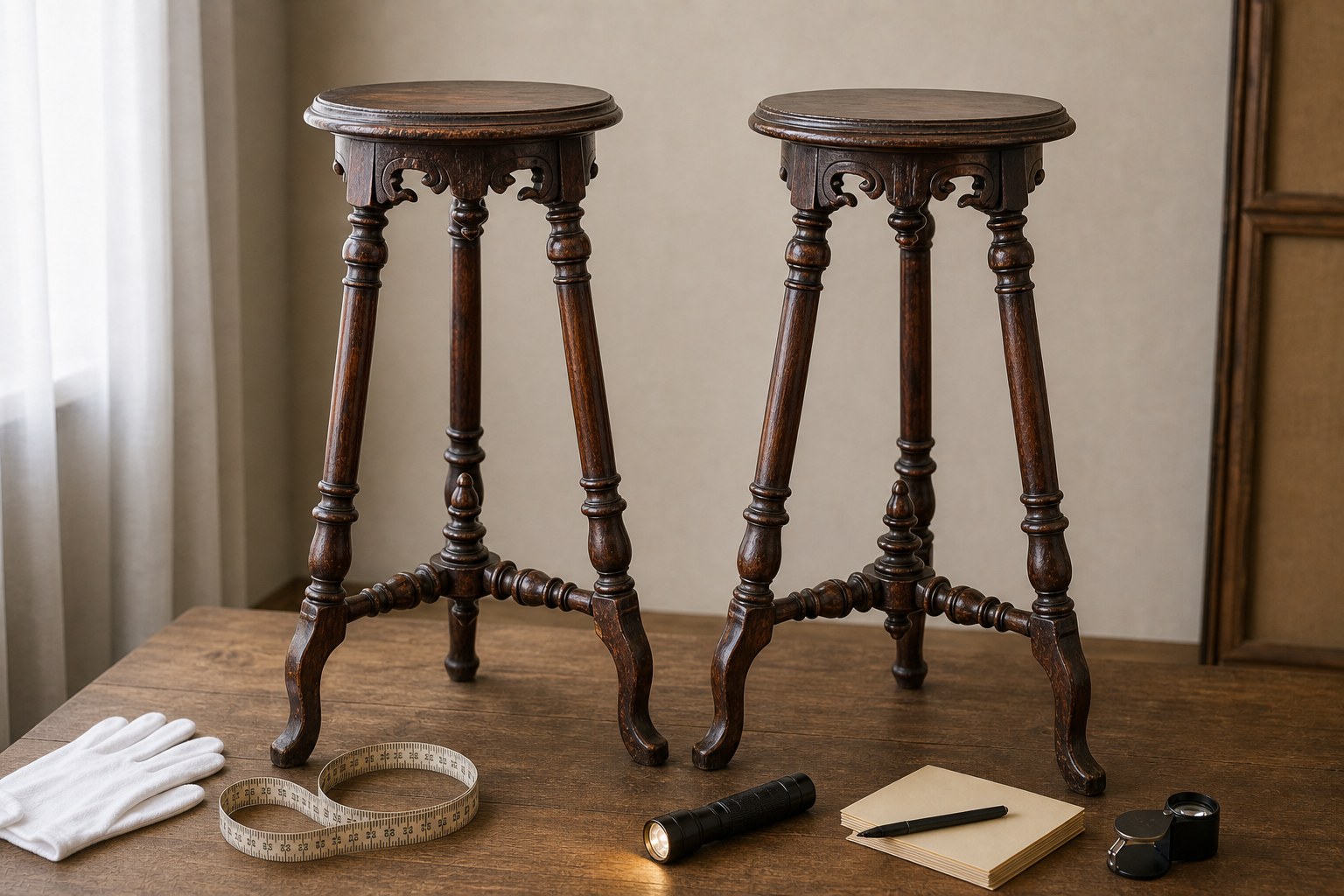 Pair of Victorian antique plant stands arranged for appraisal review