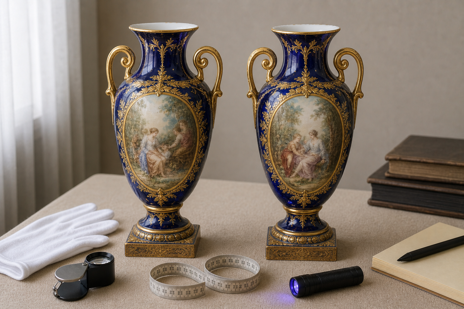 Pair of Royal Vienna style porcelain vases arranged for appraisal review