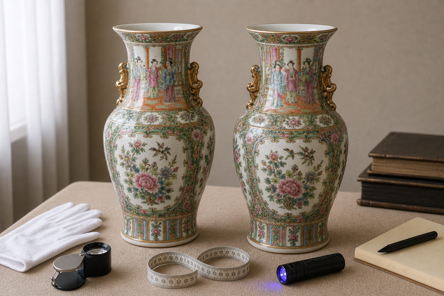 Pair of Canton famille rose ceramic vases arranged for appraisal review