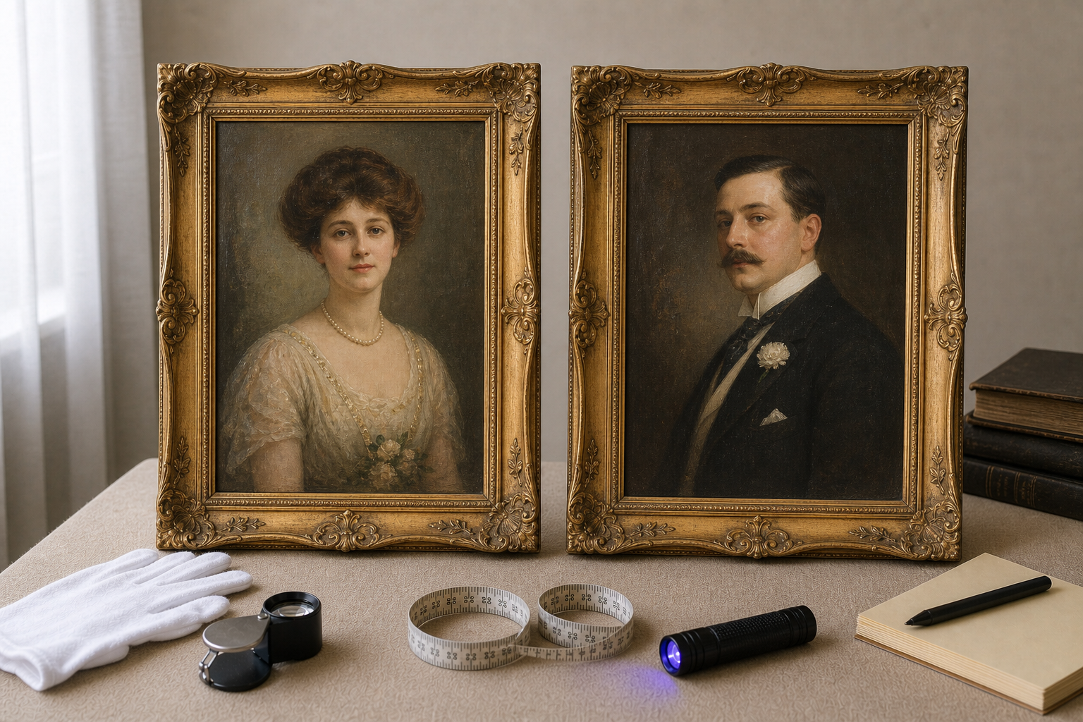 Pair of Edwardian portrait paintings arranged for appraisal review