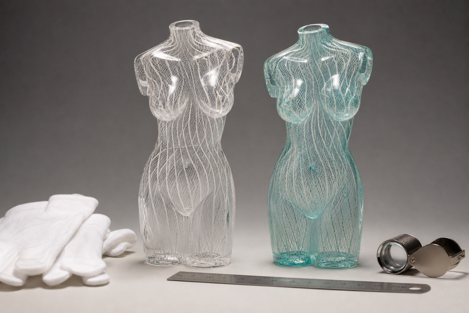Pair of Murano filigrana female torso glass sculptures arranged for appraisal review