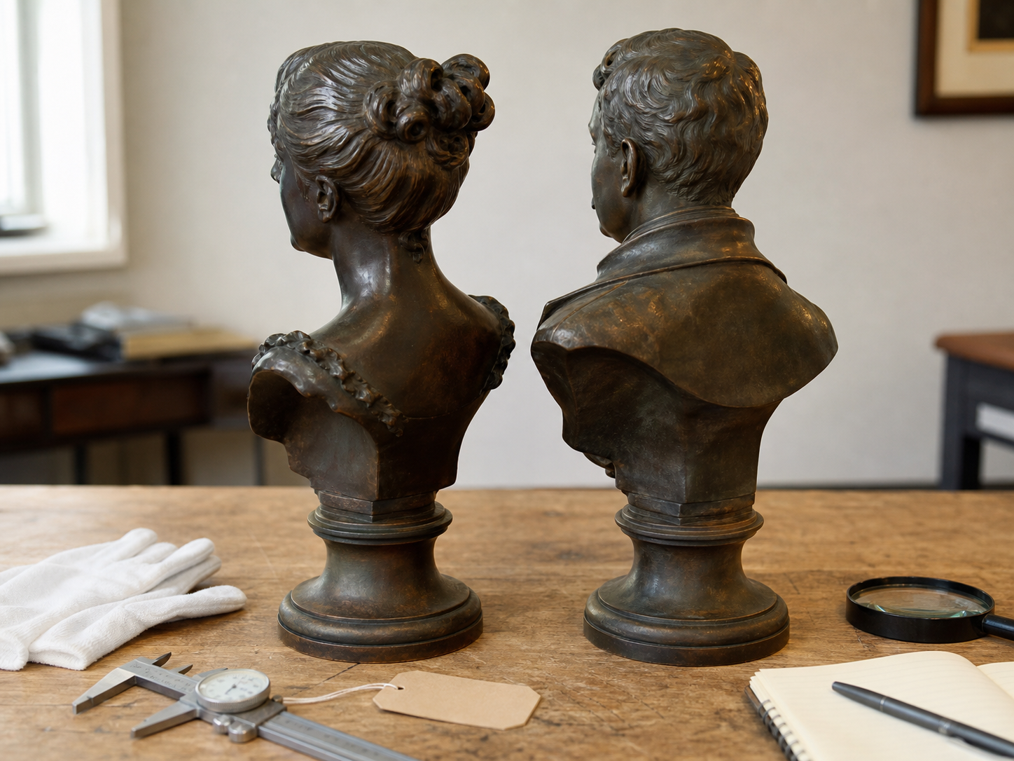 Pair of signed pedestal busts arranged for appraisal review
