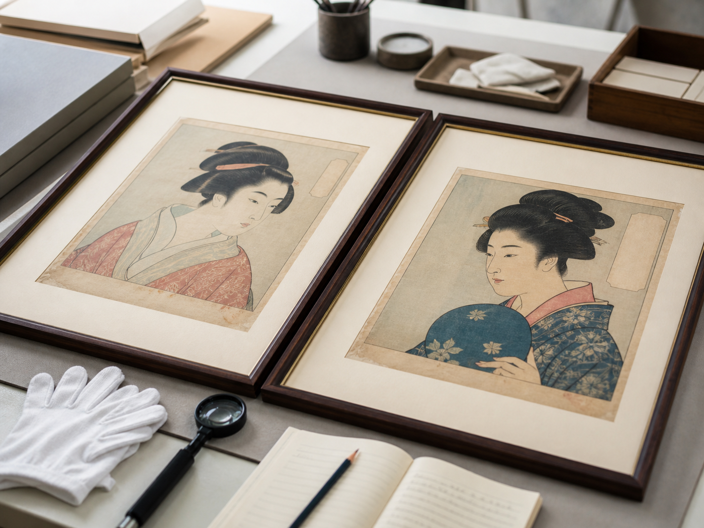Pair of mid-century Uchida-style portrait prints arranged for appraisal review