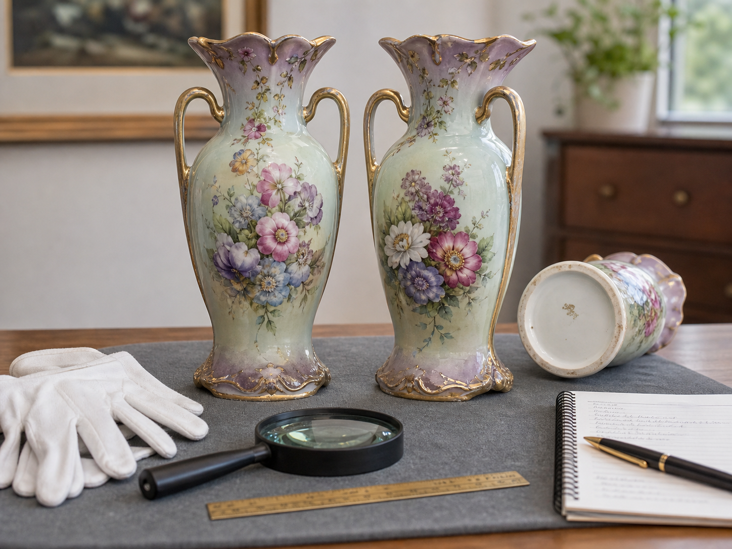 Pair of Robert Hanke-style floral porcelain vases arranged for appraisal review