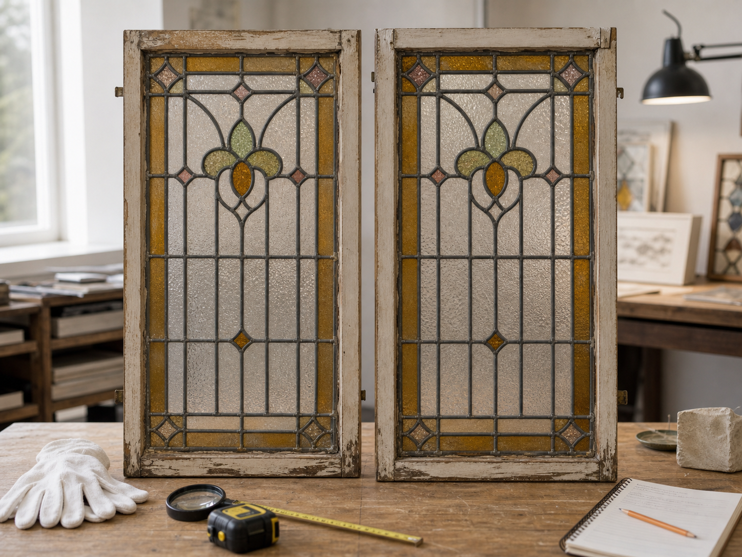 Pair of Edwardian stained glass window panels arranged for appraisal review