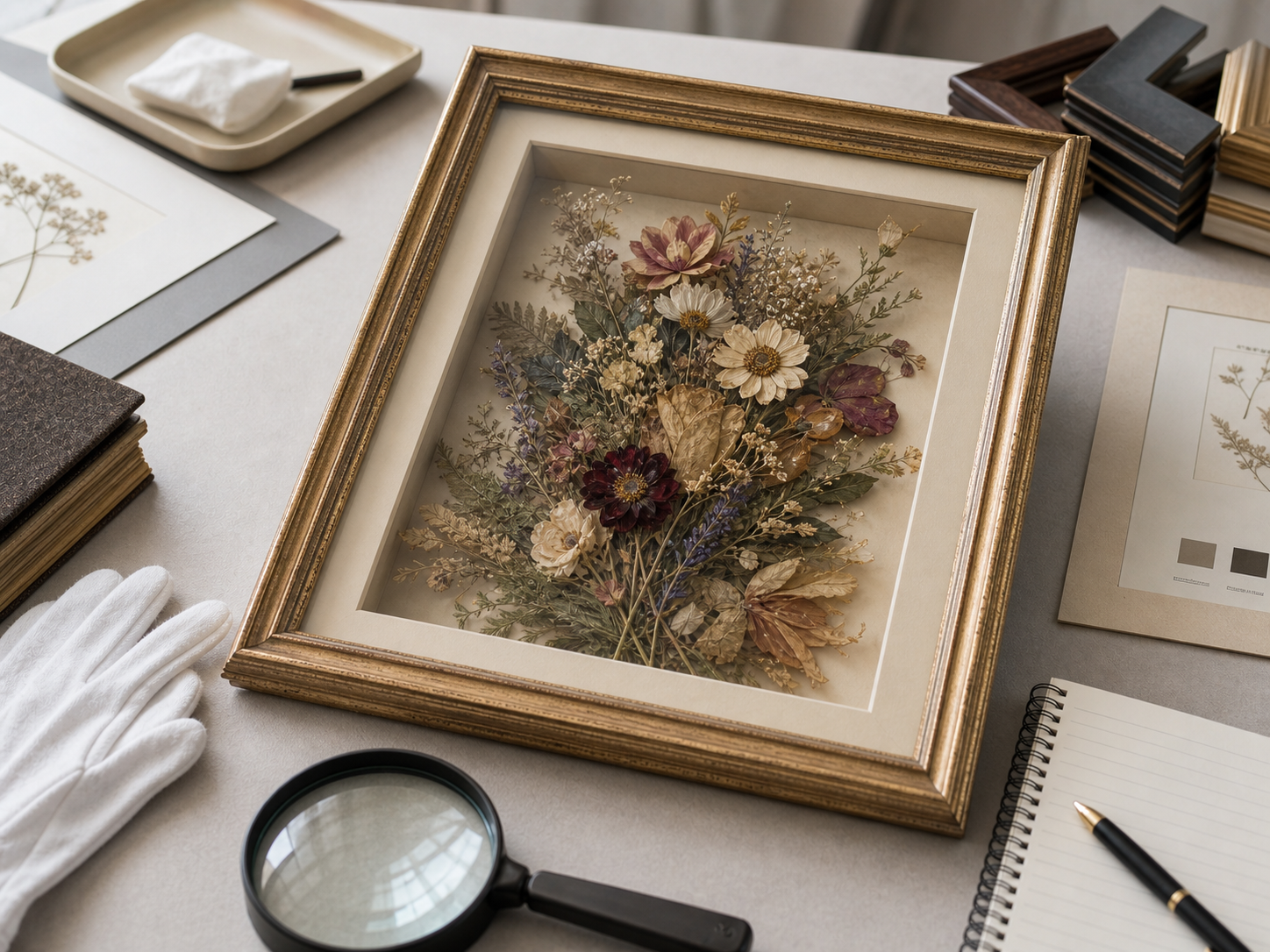 Pressed flower 3D artwork arranged for appraisal review