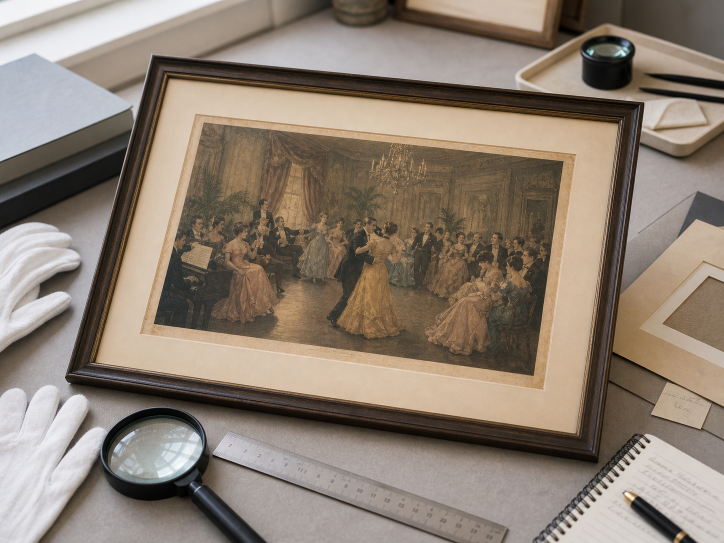Vintage music and dance print arranged for appraisal review