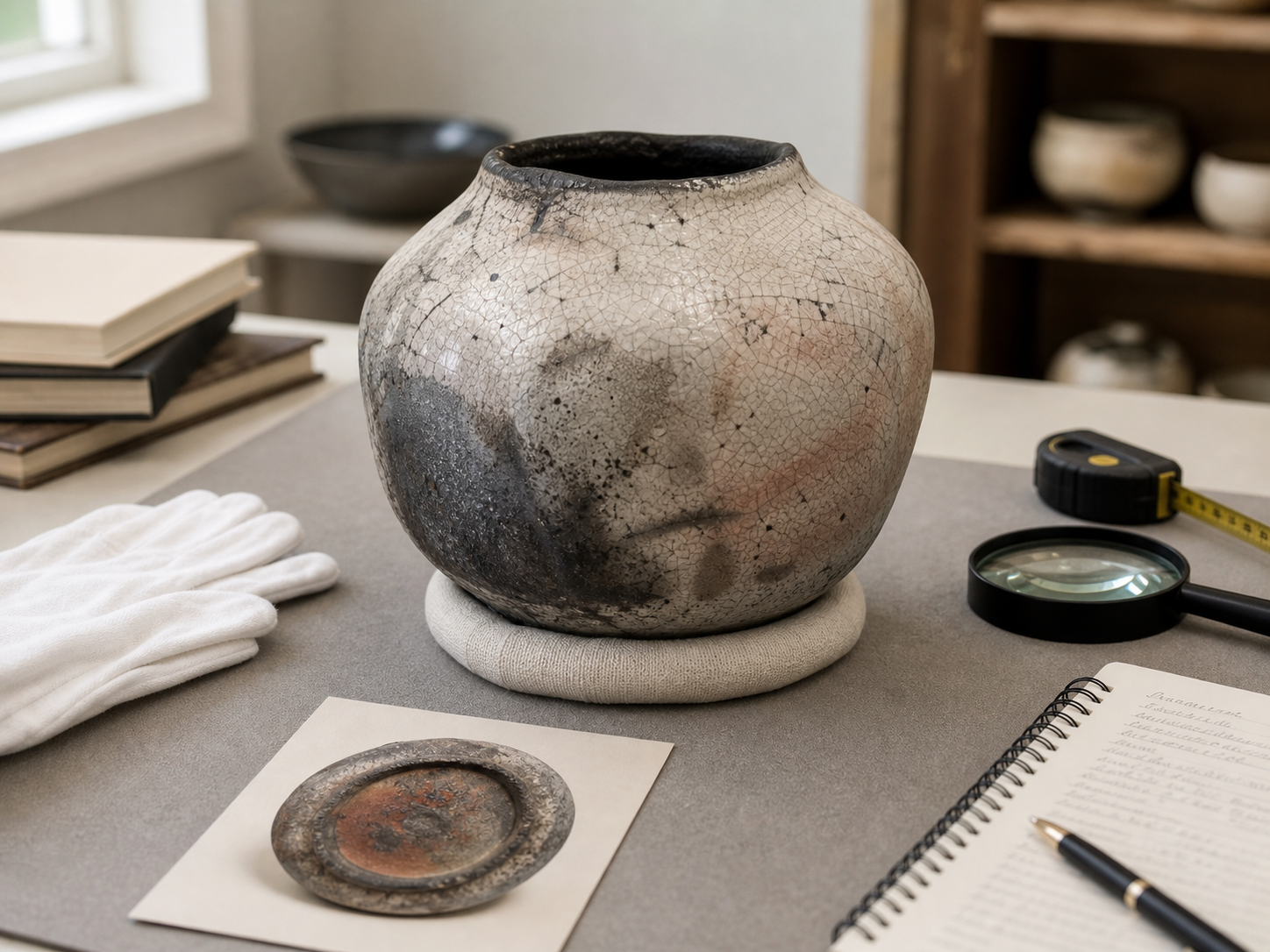 Raku ceramic vessel arranged for Kate and Willie Jacobson attribution review