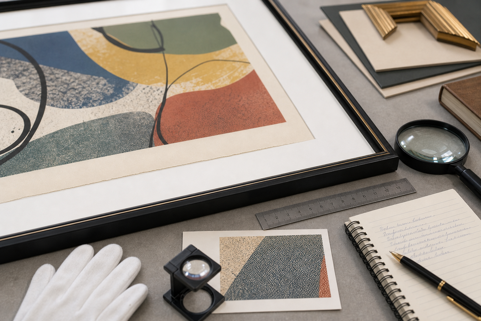 Framed abstract reproduction print arranged for Picasso print appraisal review