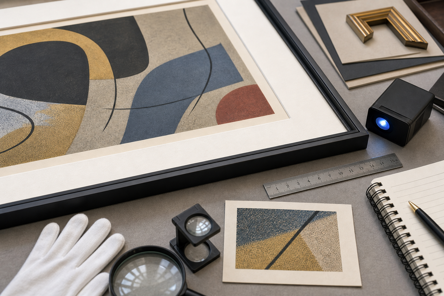 Framed abstract print on an appraisal desk for Picasso print identification